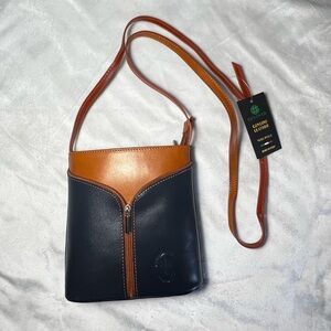 Genuine Leather Navy and Tan Leather Crossbody